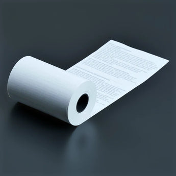 Abrollende weiße EC-Rollen Thermopapierrolle mit bedrucktem Text aus dem Kern.