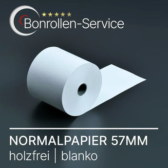 Weiße, leere, holzfrei Thermorollenpapier 57 mm Breite aus Normalpapier-Kassenrollen.