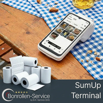 Weißes sumup 3g kartenterminal mit integriertem smartphone-display und restaurantmenü ec-rollen kompatibel