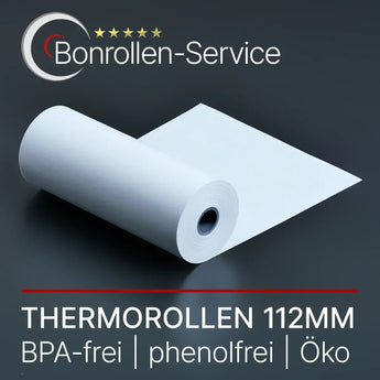 Weiße Thermorolle 112mm breit, glatte Oberfläche, saubere Kanten.