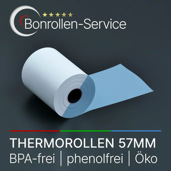 Thermorollen 57mm weiß mit hellblauem Papier, teilweise abgerollt