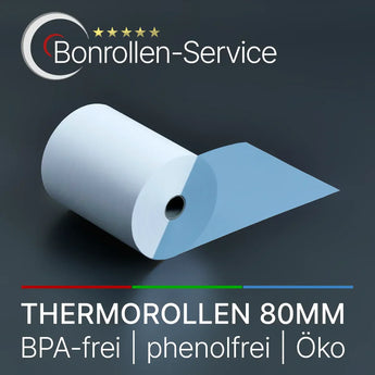 Thermorollen 80mm weißer 80mm breiter Rollenpapier mit hellblauem Blatt teilweise abgerollt