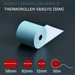 Blaue Thermorollen 58x62x12 (50m) - Bonrollen Thermopapier | BPA-frei