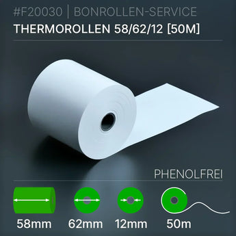 Thermorollen 58x62x12 (50m) - phenolfrei - Bonrollen Thermopapier