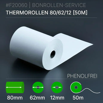 Thermorollen 80x62x12 (50m) - phenolfrei - Bonrollen Thermopapier