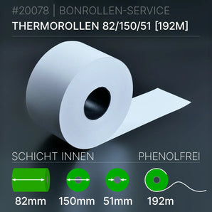 Thermorollen 82x150x51 (192m) Innenwicklung - phenolfrei | extrastark - Bonrollen Thermopapier