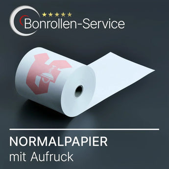 Weiße Normalpapier-Kassenrolle mit pinkem Aufdruck von Bonrollen-Service