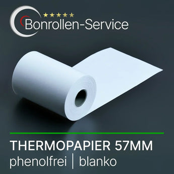 Weiße Thermorolle 57 mm breit, phenolfrei, Thermorollen 57mm blanko.