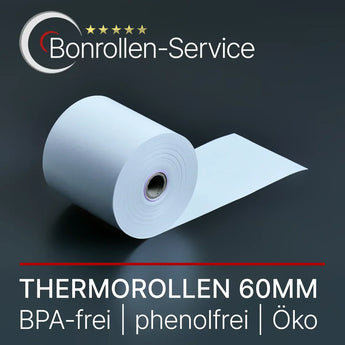 Weiße Thermorolle 60mm breit mit glatter Oberfläche und Kern.