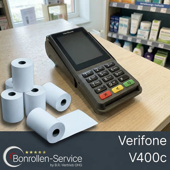 Verifone v400c ec-gerät mit dunkelgrauem gehäuse und bunten funktionstasten in sammlung ec-rollen
