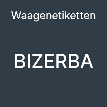 Bizerba Waagenetiketten, weißer Text auf dunkelgrauem Hintergrund