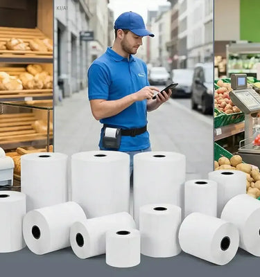 5 verschiedene Arbeitsplätze und Menschen, an denen Kassen und Bondrucker zum Einsatz kommen, davor
weiße Papierrollen, unterschiedlich groß und gestapelt
