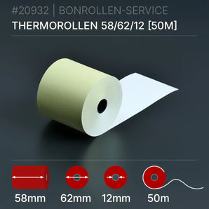 Gelbe Thermorollen 58x62x12 (50m) - Bonrollen Thermopapier | BPA-frei