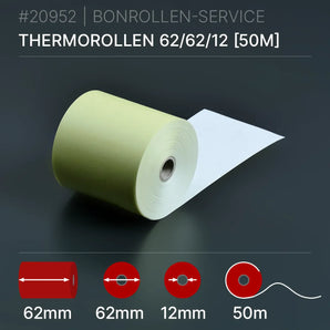 Gelbe Thermorollen 62x62x12 (50m) - Bonrollen Thermopapier | BPA-frei