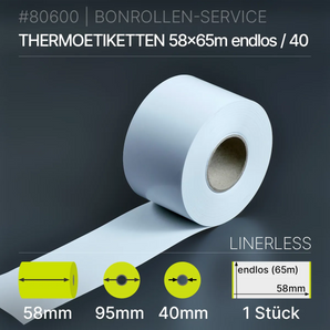 Linerless Etiketten 58mm x endlos (65m) - 58/95/40 - Thermo-TOP - Thermopapier | phenolfrei