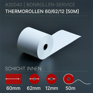 Thermorollen 60x62x12 (50m) Innenwicklung - Bonrollen Thermopapier | BPA-frei