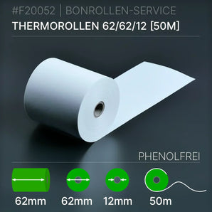 Thermorollen 62x62x12 (50m) - phenolfrei - Bonrollen Thermopapier